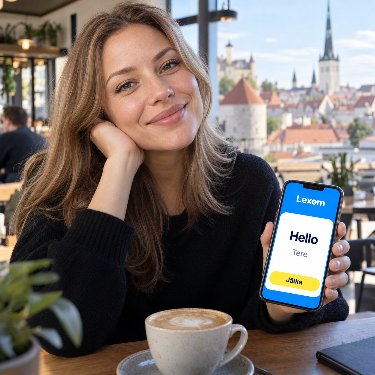 Naine Tallinnas hoiab telefoni Lexemi rakenduse kavandiga: ingliskeelne sõna ja eestikeelne tõlge.