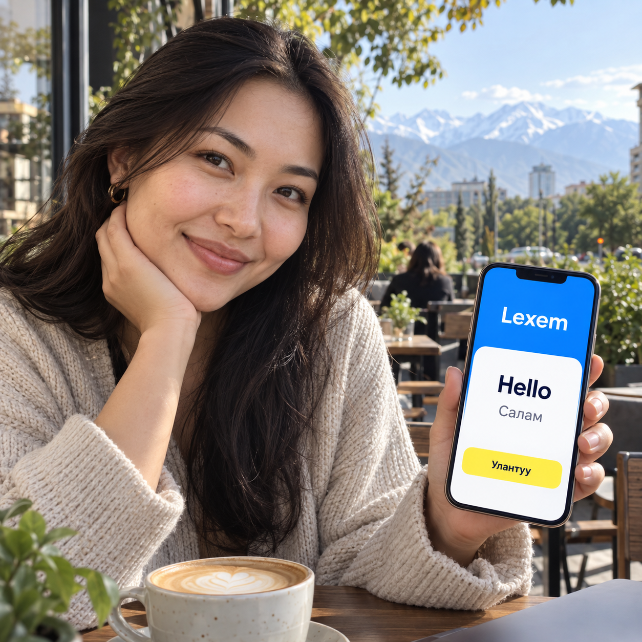 Бишкектеги аял Lexem колдонмосунун концепти көрсөтүлгөн телефонду кармап турат: англисче сөз жана кыргызча котормо.