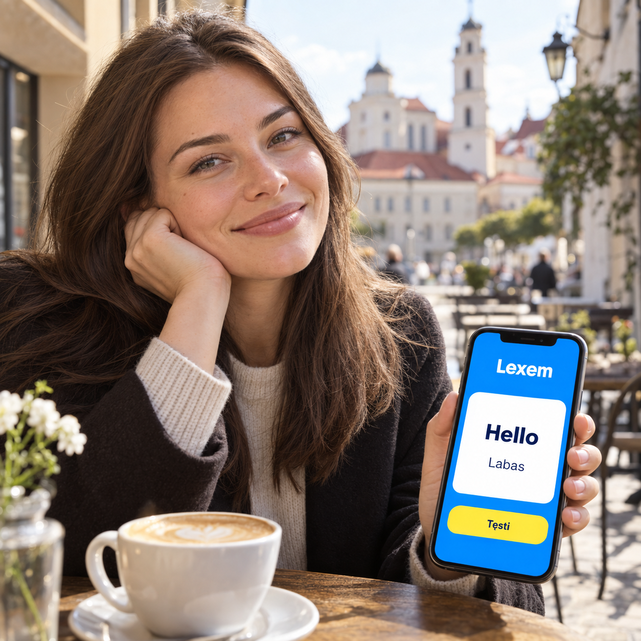 Moteris Vilniuje laiko telefoną su Lexem programėlės koncepcija: anglišku žodžiu ir lietuvišku vertimu.