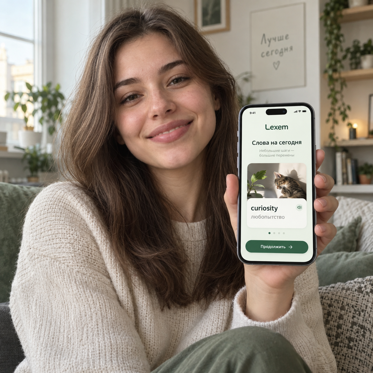 Девушка с телефоном, на экране — концепт Lexem с английским словом и переводом на русский