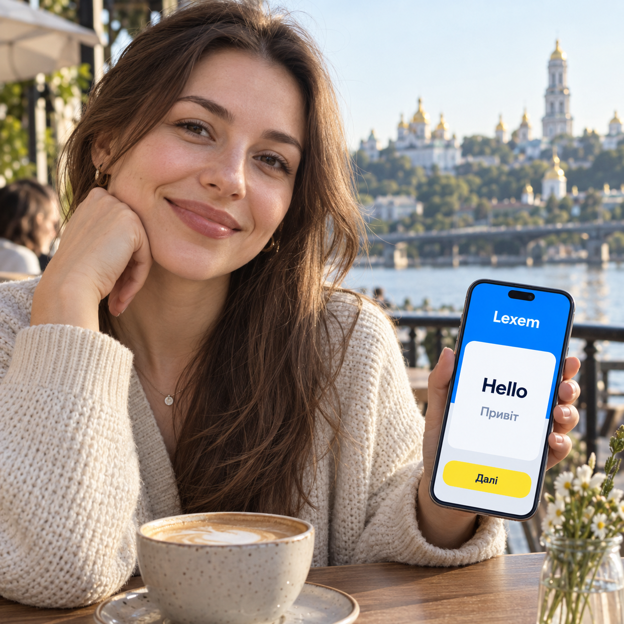 Жінка в Києві тримає телефон із концептом Lexem: англійське слово та український переклад.