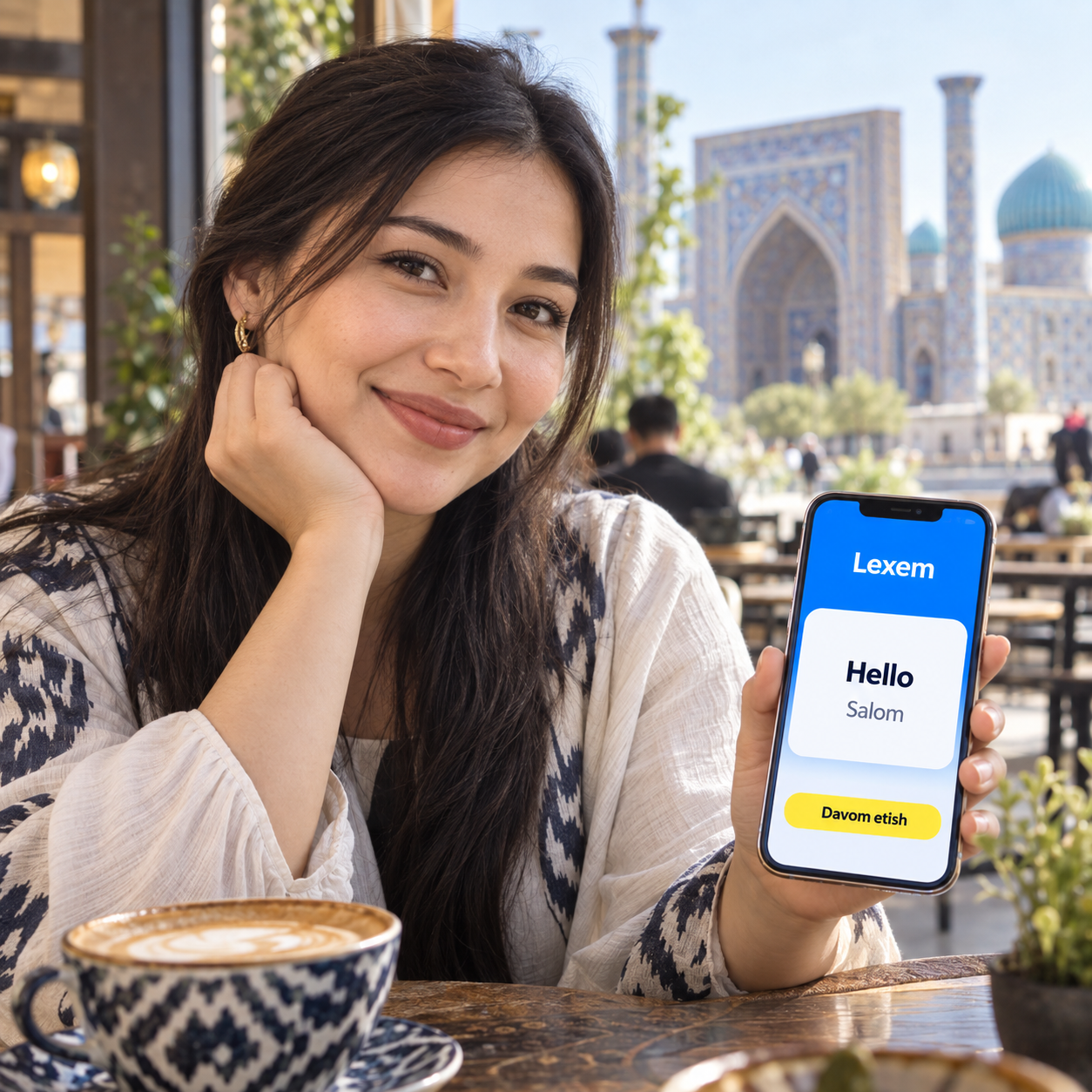 Samarqanddagi ayol qo‘lida Lexem ilovasi konsepti ko‘rsatilgan telefonni ushlab turibdi: inglizcha so‘z va o‘zbekcha tarjima.